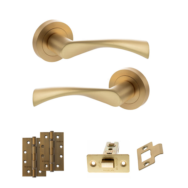 Quality image of STATUS Colorado Door Handle Pack (Latch Set - 3" CE Latch, 4" Slim Knuckle Hinges x2) - Satin Brass | Sku. adps34rsb6 | available from Trade Door Handles.