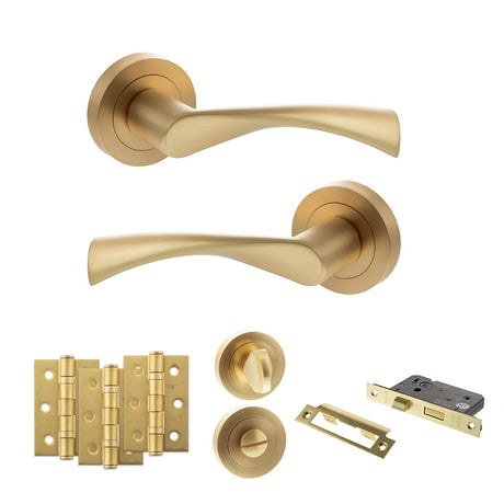 Quality image of STATUS Colorado Door Handle Pack (Bathroom Set - 3" CE Bathroom Lock, 3" Fire Rated Hinges x3) - Satin Brass | Sku. adps34rsb9 | available from Trade Door Handles.