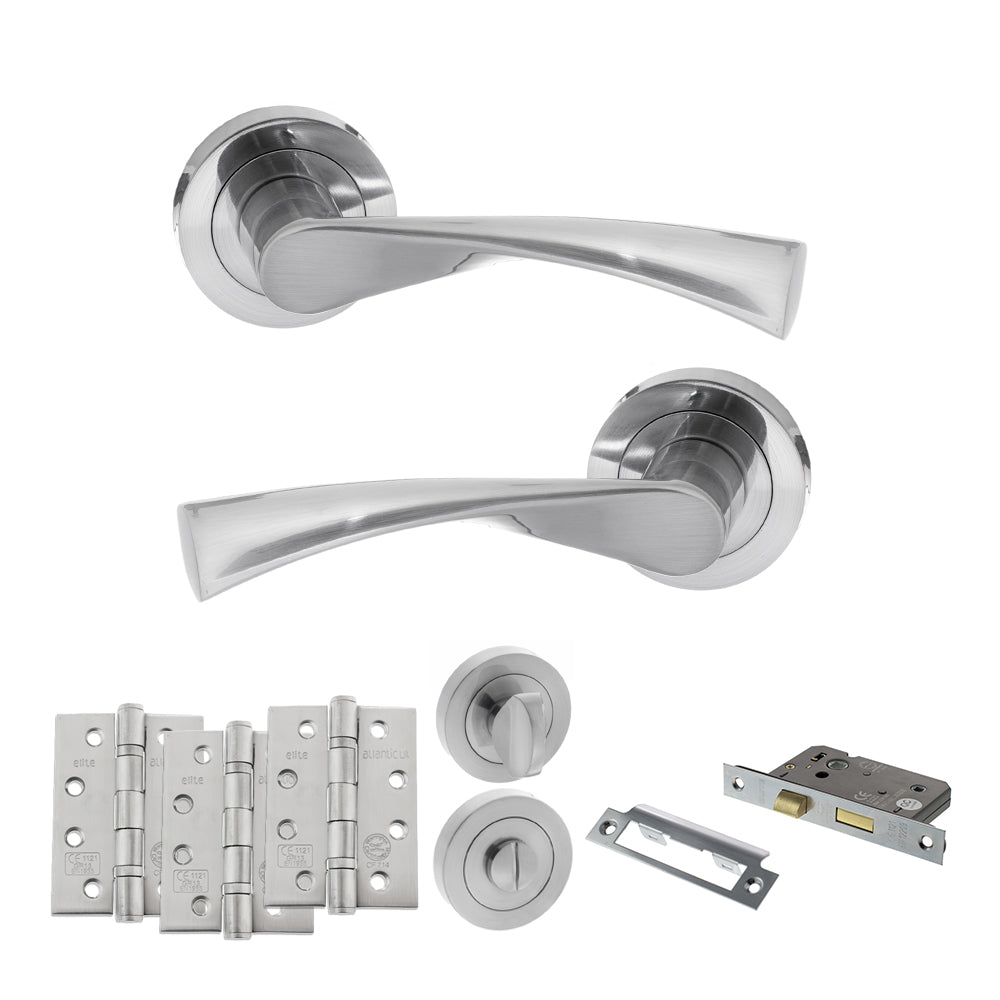 Quality image of STATUS Colorado Door Handle Pack (Bathroom Set - 2.5" CE Bathroom Lock, 4" Fire Rated Hinges x3) - Satin Chrome | Sku. adps34rsc10 | available from Trade Door Handles.