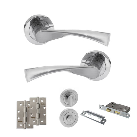 Quality image of STATUS Colorado Door Handle Pack (Bathroom Set - 2.5" CE Bathroom Lock, 4" Slim Knuckle Hinges x2) - Satin Chrome | Sku. adps34rsc12 | available from Trade Door Handles.