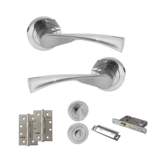 Quality image of STATUS Colorado Door Handle Pack (Bathroom Set - 2.5" CE Bathroom Lock, 4" Slim Knuckle Hinges x2) - Satin Chrome | Sku. adps34rsc12 | available from Trade Door Handles.