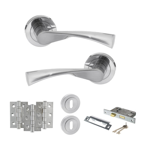 Quality image of STATUS Colorado Door Handle Pack (3 Lever Lock Set - 2.5" CE Sashlock, 3" Fire Rated Hinges x3) - Satin Chrome | Sku. adps34rsc14 | available from Trade Door Handles.