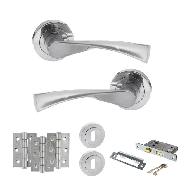 Quality image of STATUS Colorado Door Handle Pack (3 Lever Lock Set - 3" CE Sashlock, 3" Fire Rated Hinges x3) - Satin Chrome | Sku. adps34rsc15 | available from Trade Door Handles.