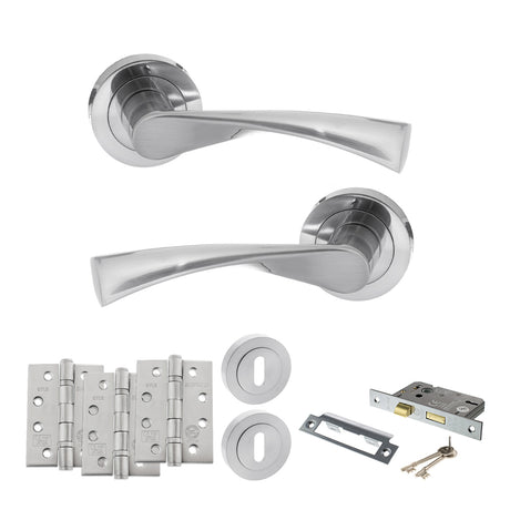 Quality image of STATUS Colorado Door Handle Pack (3 Lever Lock Set - 2.5" CE Sashlock, 4" Fire Rated Hinges x3) - Satin Chrome | Sku. adps34rsc16 | available from Trade Door Handles.