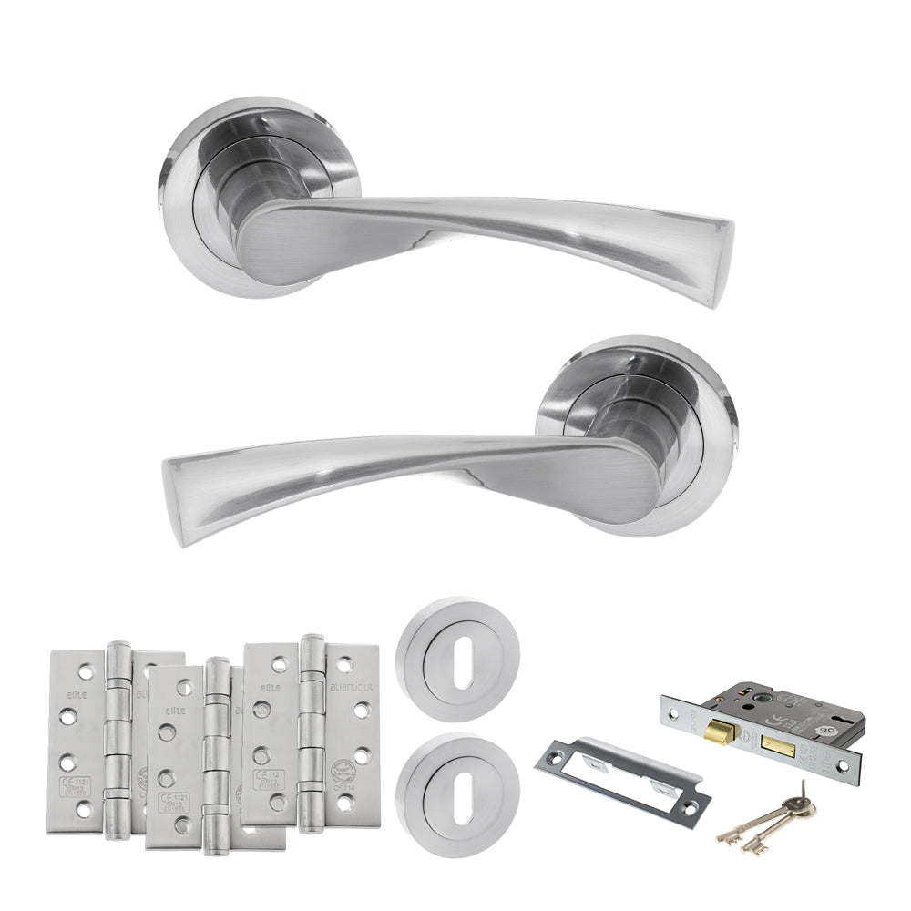 Quality image of STATUS Colorado Door Handle Pack (3 Lever Lock Set - 3" CE Sashlock, 4" Fire Rated Hinges x3) - Satin Chrome | Sku. adps34rsc17 | available from Trade Door Handles.