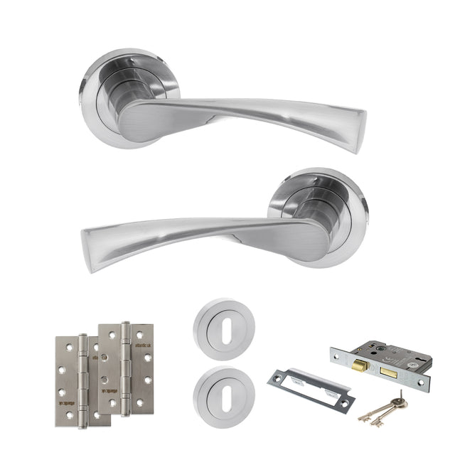 Quality image of STATUS Colorado Door Handle Pack (3 Lever Lock Set - 2.5" CE Sashlock, 4" Slim Knuckle Hinges x2) - Satin Chrome | Sku. adps34rsc18 | available from Trade Door Handles.