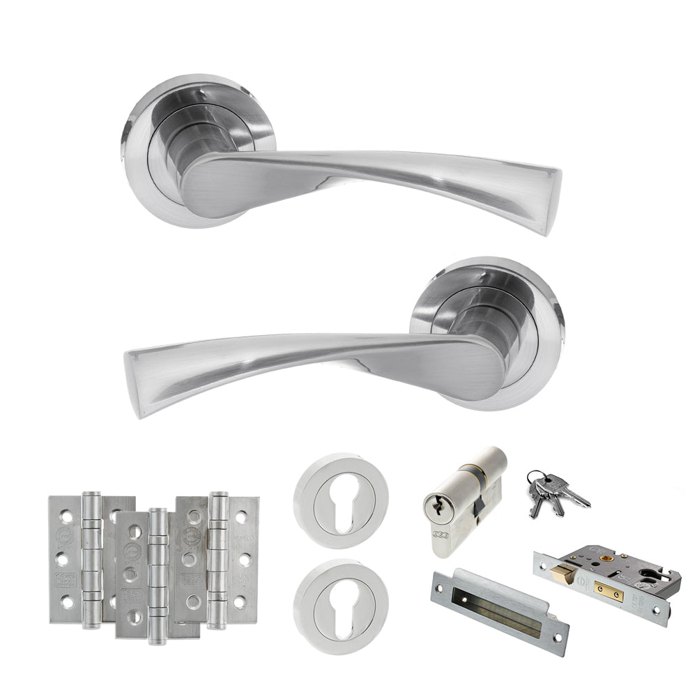 Quality image of STATUS Colorado Door Handle Pack (Euro Lock Set - 2.5" CE Sashlock, 3" Fire Rated Hinges x3) - Satin Chrome | Sku. adps34rsc20 | available from Trade Door Handles.