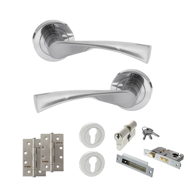 Quality image of STATUS Colorado Door Handle Pack (Euro Lock Set - 3" CE Sashlock, 4" Slim Knuckle Hinges x2) - Satin Chrome | Sku. adps34rsc25 | available from Trade Door Handles.