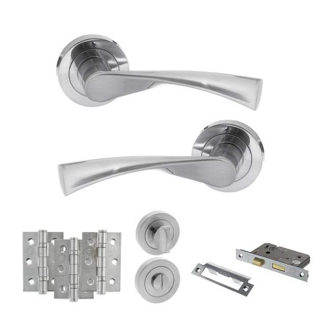 Quality image of STATUS Colorado Door Handle Pack (Bathroom Set - 3" CE Bathroom Lock, 3" Fire Rated Hinges x3) - Satin Chrome | Sku. adps34rsc9 | available from Trade Door Handles.