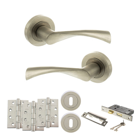 Quality image of STATUS Colorado Door Handle Pack (3 Lever Lock Set - 2.5" CE Sashlock, 4" Fire Rated Hinges x3) - Satin Nickel | Sku. adps34rsn16 | available from Trade Door Handles.