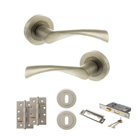 Quality image of STATUS Colorado Door Handle Pack (3 Lever Lock Set - 3" CE Sashlock, 4" Slim Knuckle Hinges x2) - Satin Nickel | Sku. adps34rsn19 | available from Trade Door Handles.