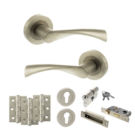 Quality image of STATUS Colorado Door Handle Pack (Euro Lock Set - 3" CE Sashlock, 3" Fire Rated Hinges x3) - Satin Nickel | Sku. adps34rsn21 | available from Trade Door Handles.