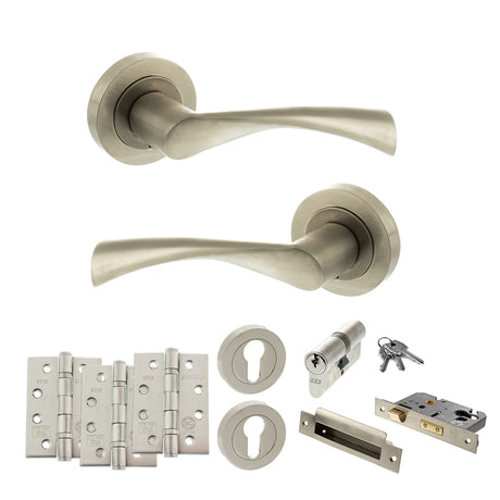 Quality image of STATUS Colorado Door Handle Pack (Euro Lock Set - 2.5" CE Sashlock, 4" Fire Rated Hinges x3) - Satin Nickel | Sku. adps34rsn22 | available from Trade Door Handles.