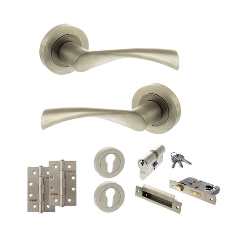 Quality image of STATUS Colorado Door Handle Pack (Euro Lock Set - 3" CE Sashlock, 4" Slim Knuckle Hinges x2) - Satin Nickel | Sku. adps34rsn25 | available from Trade Door Handles.
