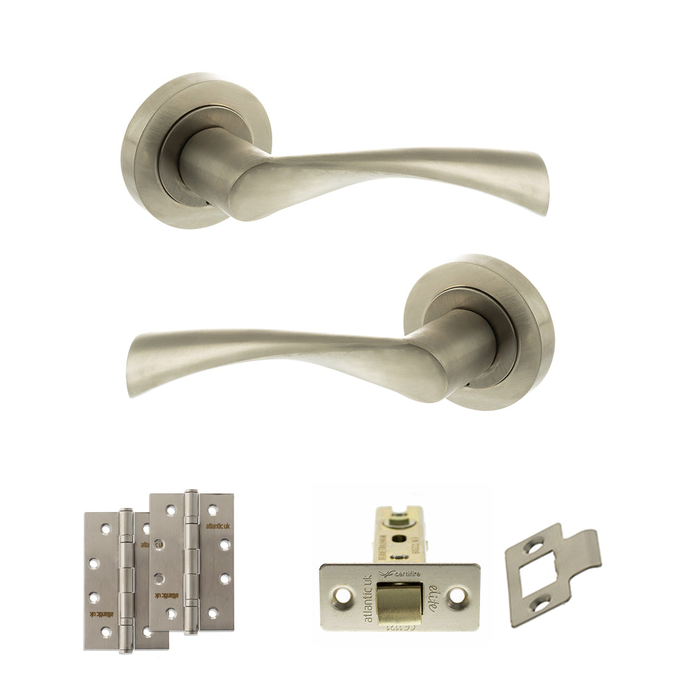 Quality image of STATUS Colorado Door Handle Pack (Latch Set - 3" CE Latch, 4" Slim Knuckle Hinges x2) - Satin Nickel | Sku. adps34rsn6 | available from Trade Door Handles.