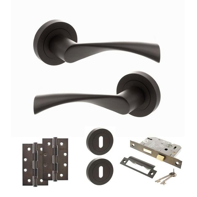 Quality image of STATUS Colorado Door Handle Pack (3 Lever Lock Set - 2.5" CE Sashlock, 4" Slim Knuckle Hinges x2) - Urban Dark Bronze | Sku. adps34rudb18 | available from Trade Door Handles.