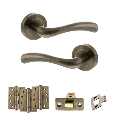 Quality image of STATUS Texas Door Handle Pack (Latch Set - 2.5" CE Latch, 4" Fire Rated Hinges x3) - Antique Brass | Sku. adps35rab3 | available from Trade Door Handles.