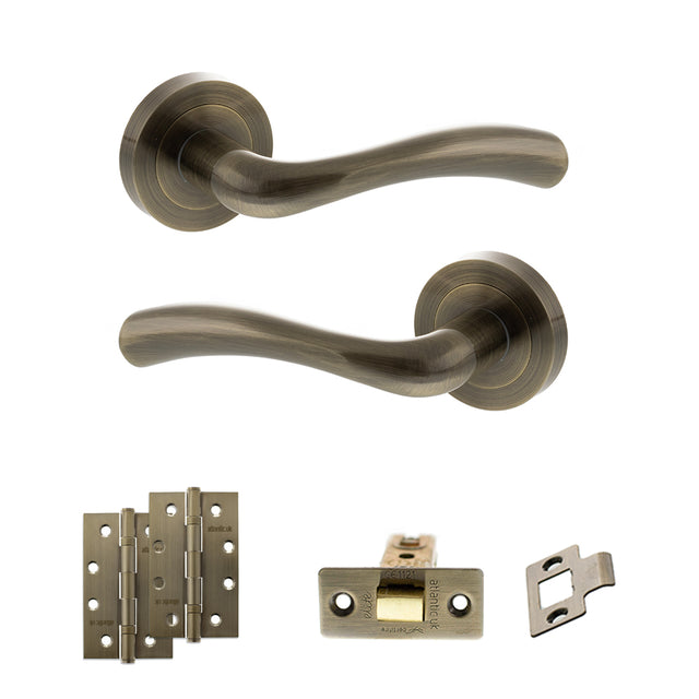 Quality image of STATUS Texas Door Handle Pack (Latch Set - 3" CE Latch, 4" Slim Knuckle Hinges x2) - Antique Brass | Sku. adps35rab6 | available from Trade Door Handles.