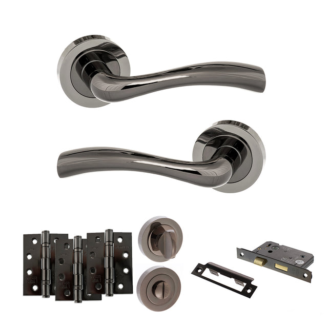 Quality image of STATUS Texas Door Handle Pack (Bathroom Set - 2.5" CE Bathroom Lock, 4" Fire Rated Hinges x3) - Black Nickel | Sku. adps35rbn10 | available from Trade Door Handles.