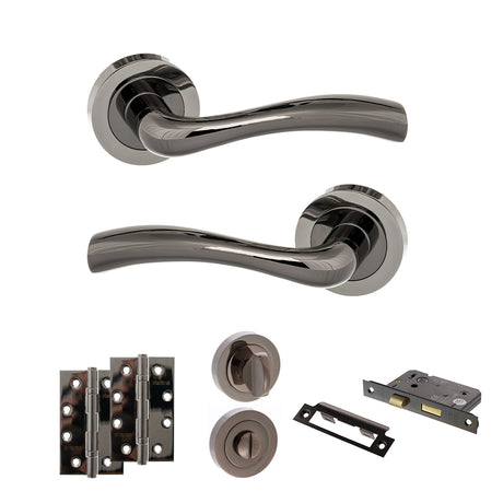 Quality image of STATUS Texas Door Handle Pack (Bathroom Set - 2.5" CE Bathroom Lock, 4" Slim Knuckle Hinges x2) - Black Nickel | Sku. adps35rbn12 | available from Trade Door Handles.