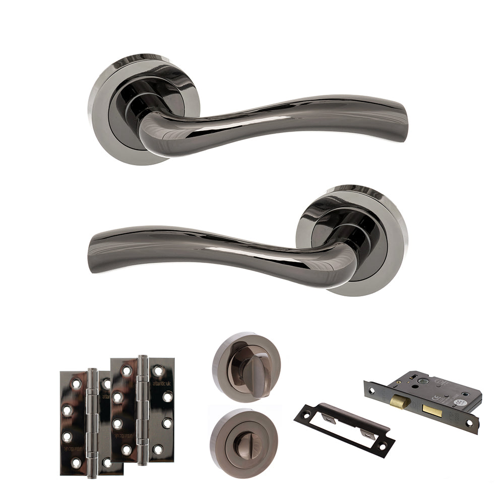 Quality image of STATUS Texas Door Handle Pack (Bathroom Set - 3" CE Bathroom Lock, 4" Slim Knuckle Hinges x2) - Black Nickel | Sku. adps35rbn13 | available from Trade Door Handles.