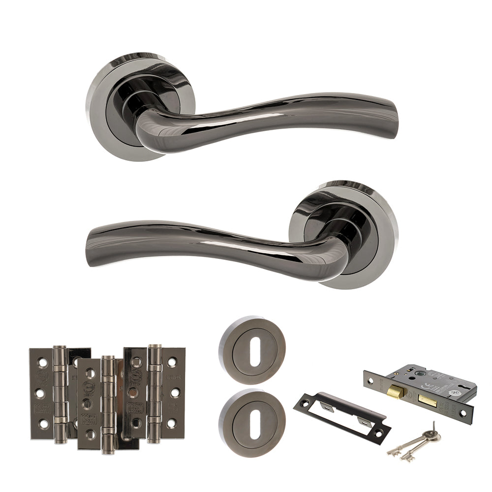 Quality image of STATUS Texas Door Handle Pack (3 Lever Lock Set - 2.5" CE Sashlock, 3" Fire Rated Hinges x3) - Black Nickel | Sku. adps35rbn14 | available from Trade Door Handles.