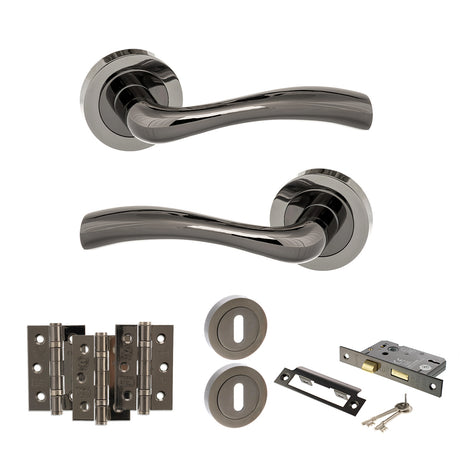 Quality image of STATUS Texas Door Handle Pack (3 Lever Lock Set - 2.5" CE Sashlock, 3" Fire Rated Hinges x3) - Black Nickel | Sku. adps35rbn14 | available from Trade Door Handles.