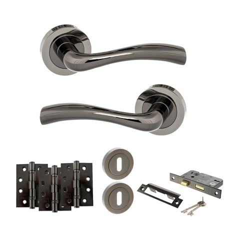 Quality image of STATUS Texas Door Handle Pack (3 Lever Lock Set - 2.5" CE Sashlock, 4" Fire Rated Hinges x3) - Black Nickel | Sku. adps35rbn16 | available from Trade Door Handles.
