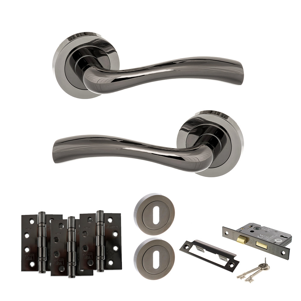 Quality image of STATUS Texas Door Handle Pack (3 Lever Lock Set - 3" CE Sashlock, 4" Fire Rated Hinges x3) - Black Nickel | Sku. adps35rbn17 | available from Trade Door Handles.