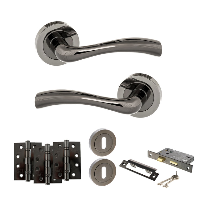 Quality image of STATUS Texas Door Handle Pack (3 Lever Lock Set - 3" CE Sashlock, 4" Fire Rated Hinges x3) - Black Nickel | Sku. adps35rbn17 | available from Trade Door Handles.