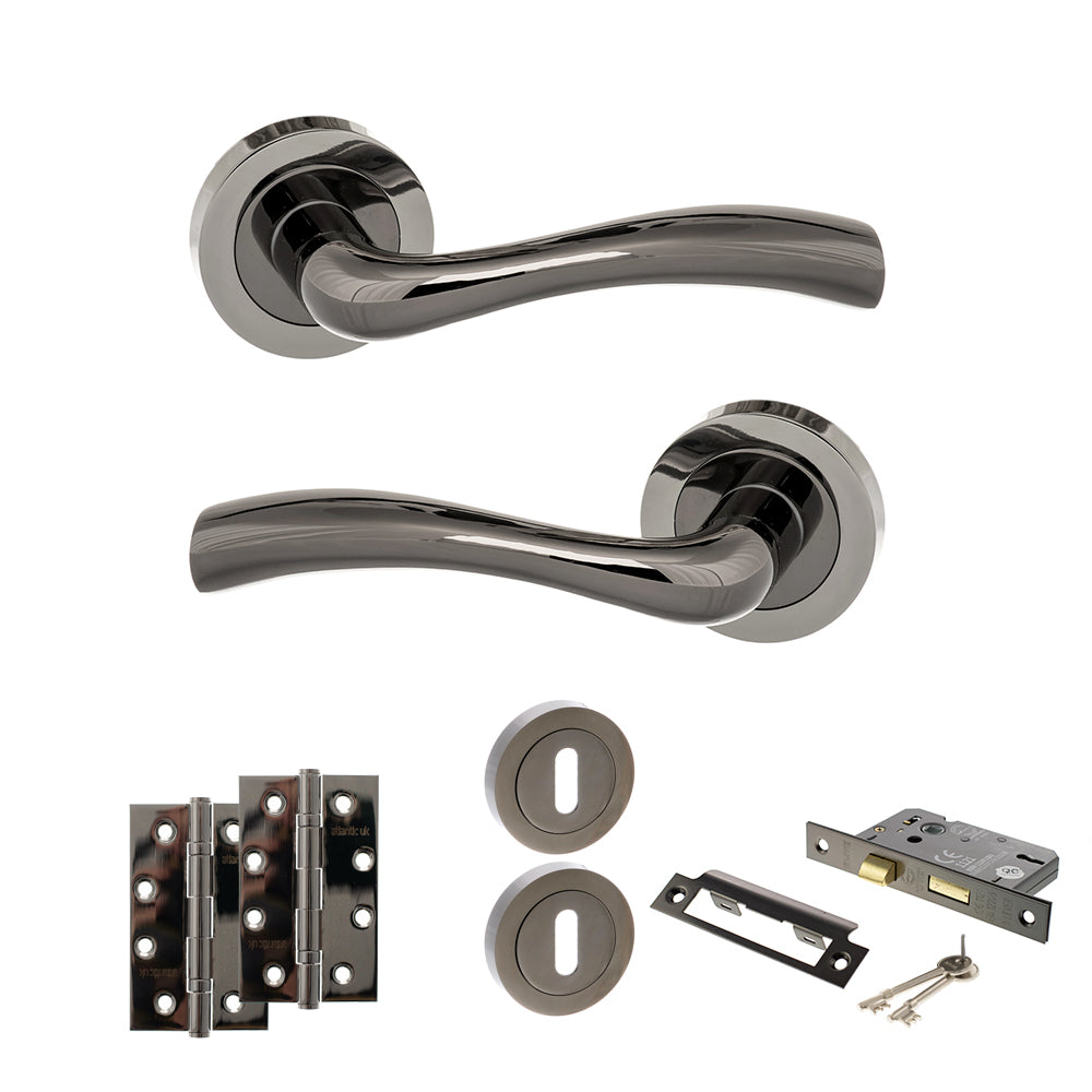 Quality image of STATUS Texas Door Handle Pack (3 Lever Lock Set - 2.5" CE Sashlock, 4" Slim Knuckle Hinges x2) - Black Nickel | Sku. adps35rbn18 | available from Trade Door Handles.