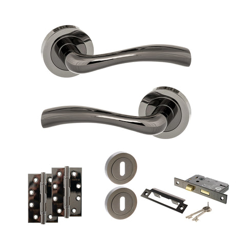 Quality image of STATUS Texas Door Handle Pack (3 Lever Lock Set - 2.5" CE Sashlock, 4" Slim Knuckle Hinges x2) - Black Nickel | Sku. adps35rbn18 | available from Trade Door Handles.