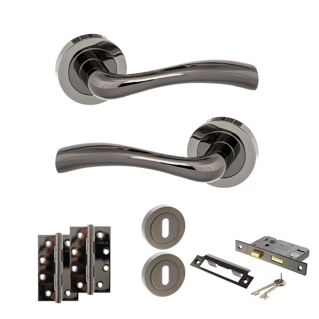 Quality image of STATUS Texas Door Handle Pack (3 Lever Lock Set - 2.5" CE Sashlock, 4" Slim Knuckle Hinges x2) - Black Nickel | Sku. adps35rbn18 | available from Trade Door Handles.