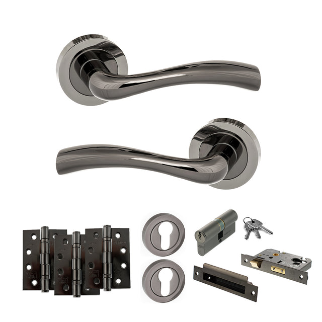 Quality image of STATUS Texas Door Handle Pack (Euro Lock Set - 3" CE Sashlock, 4" Fire Rated Hinges x3) - Black Nickel | Sku. adps35rbn23 | available from Trade Door Handles.