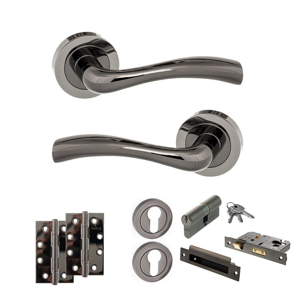 Quality image of STATUS Texas Door Handle Pack (Euro Lock Set - 3" CE Sashlock, 4" Slim Knuckle Hinges x2) - Black Nickel | Sku. adps35rbn25 | available from Trade Door Handles.
