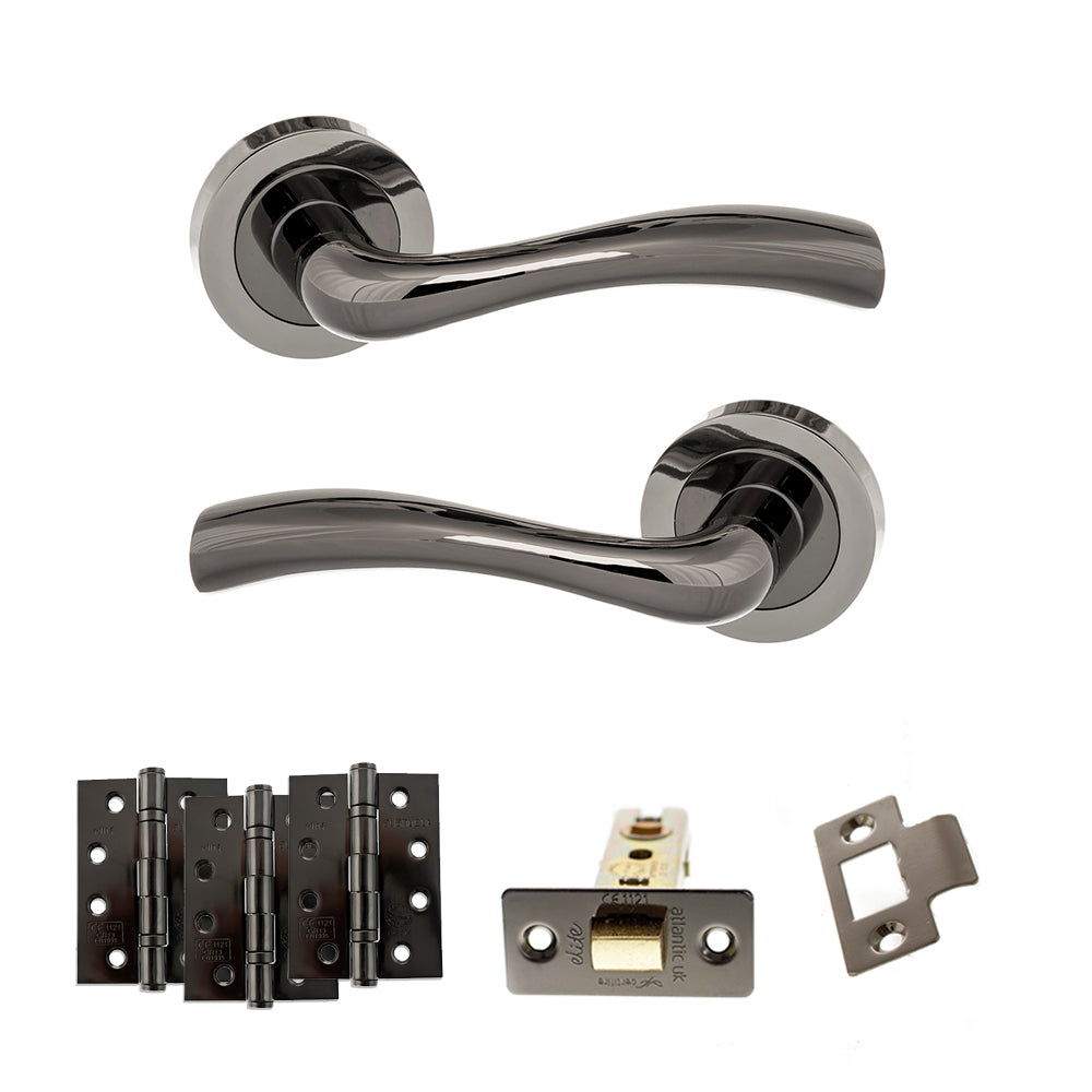 Quality image of STATUS Texas Door Handle Pack (Latch Set - 3" CE Latch, 4" Fire Rated Hinges x3) - Black Nickel | Sku. adps35rbn4 | available from Trade Door Handles.