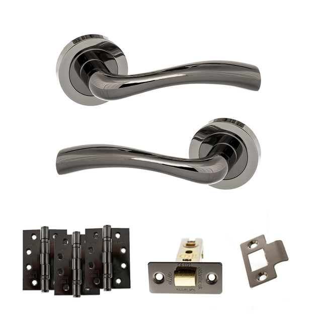 Quality image of STATUS Texas Door Handle Pack (Latch Set - 3" CE Latch, 4" Fire Rated Hinges x3) - Black Nickel | Sku. adps35rbn4 | available from Trade Door Handles.