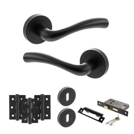 Quality image of STATUS Texas Door Handle Pack (3 Lever Lock Set - 2.5" CE Sashlock, 3" Fire Rated Hinges x3) - Matt Black | Sku. adps35rmb14 | available from Trade Door Handles.