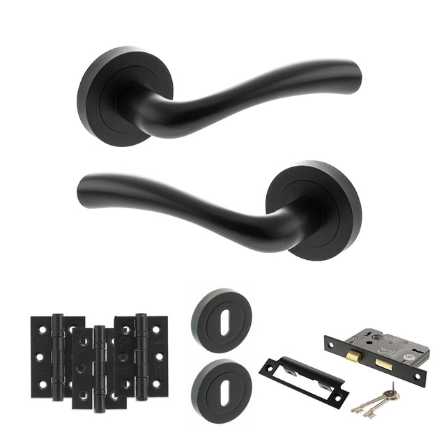 Quality image of STATUS Texas Door Handle Pack (3 Lever Lock Set - 2.5" CE Sashlock, 3" Fire Rated Hinges x3) - Matt Black | Sku. adps35rmb14 | available from Trade Door Handles.