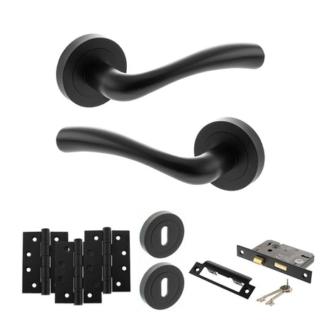 Quality image of STATUS Texas Door Handle Pack (3 Lever Lock Set - 3" CE Sashlock, 4" Fire Rated Hinges x3) - Matt Black | Sku. adps35rmb17 | available from Trade Door Handles.