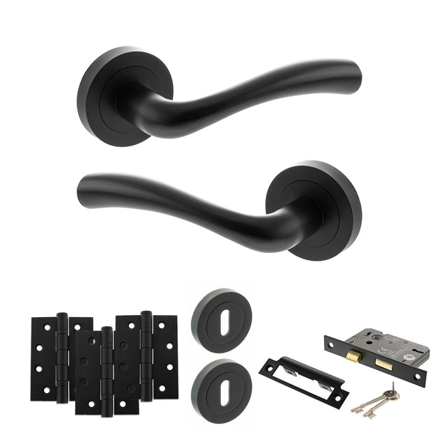 Quality image of STATUS Texas Door Handle Pack (3 Lever Lock Set - 3" CE Sashlock, 4" Fire Rated Hinges x3) - Matt Black | Sku. adps35rmb17 | available from Trade Door Handles.