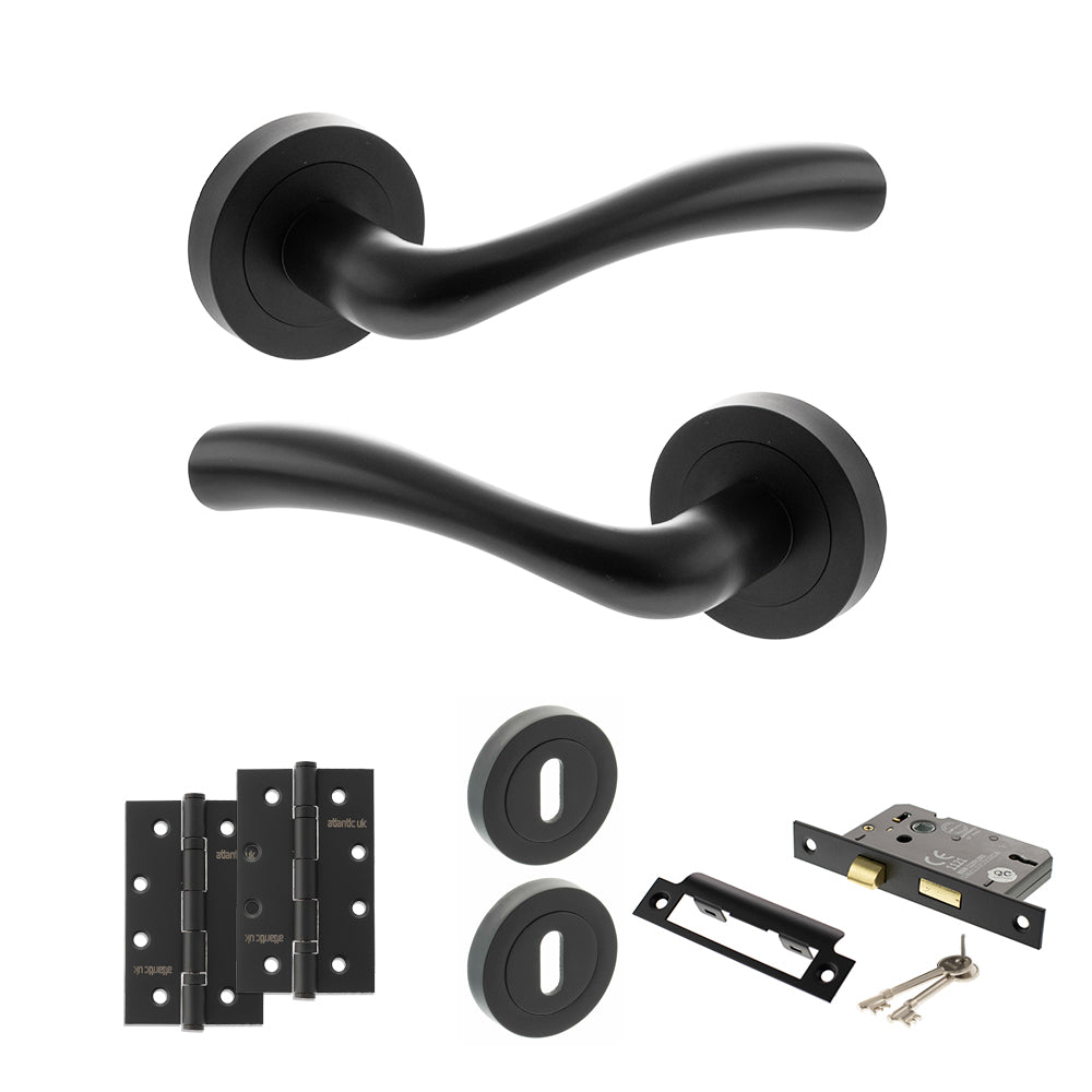 Quality image of STATUS Texas Door Handle Pack (3 Lever Lock Set - 3" CE Sashlock, 4" Slim Knuckle Hinges x2) - Matt Black | Sku. adps35rmb19 | available from Trade Door Handles.