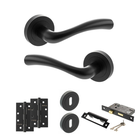 Quality image of STATUS Texas Door Handle Pack (3 Lever Lock Set - 3" CE Sashlock, 4" Slim Knuckle Hinges x2) - Matt Black | Sku. adps35rmb19 | available from Trade Door Handles.