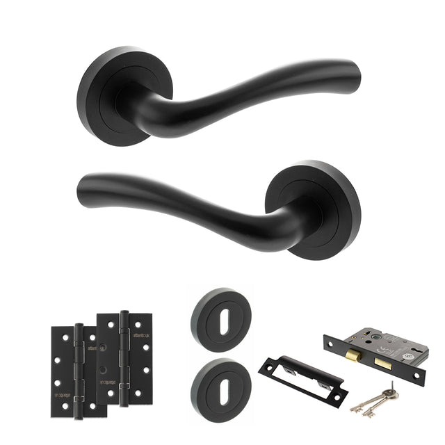 Quality image of STATUS Texas Door Handle Pack (3 Lever Lock Set - 3" CE Sashlock, 4" Slim Knuckle Hinges x2) - Matt Black | Sku. adps35rmb19 | available from Trade Door Handles.