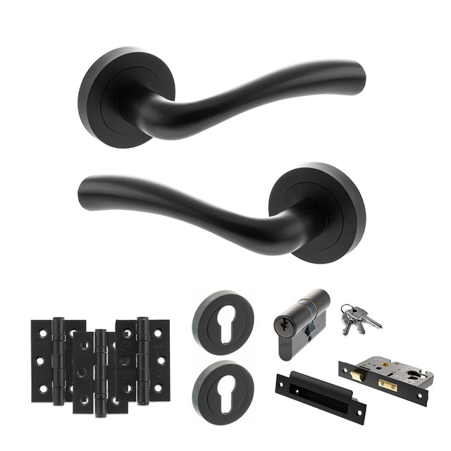 Quality image of STATUS Texas Door Handle Pack (Euro Lock Set - 2.5" CE Sashlock, 3" Fire Rated Hinges x3) - Matt Black | Sku. adps35rmb20 | available from Trade Door Handles.