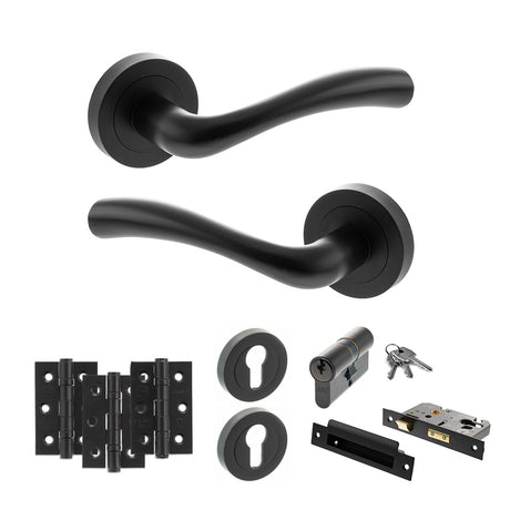 Quality image of STATUS Texas Door Handle Pack (Euro Lock Set - 3" CE Sashlock, 3" Fire Rated Hinges x3) - Matt Black | Sku. adps35rmb21 | available from Trade Door Handles.