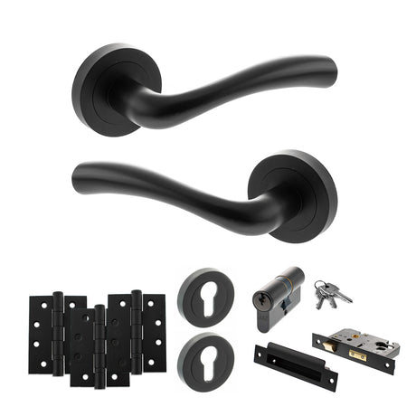 Quality image of STATUS Texas Door Handle Pack (Euro Lock Set - 3" CE Sashlock, 4" Fire Rated Hinges x3) - Matt Black | Sku. adps35rmb23 | available from Trade Door Handles.