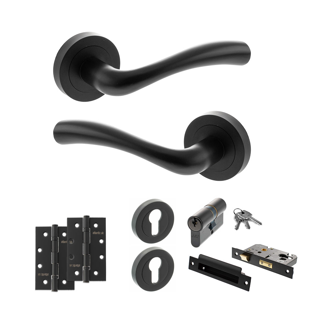 Quality image of STATUS Texas Door Handle Pack (Euro Lock Set - 2.5" CE Sashlock, 4" Slim Knuckle Hinges x2) - Matt Black | Sku. adps35rmb24 | available from Trade Door Handles.