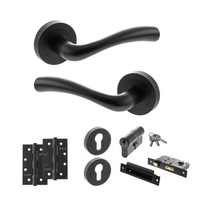 Quality image of STATUS Texas Door Handle Pack (Euro Lock Set - 2.5" CE Sashlock, 4" Slim Knuckle Hinges x2) - Matt Black | Sku. adps35rmb24 | available from Trade Door Handles.