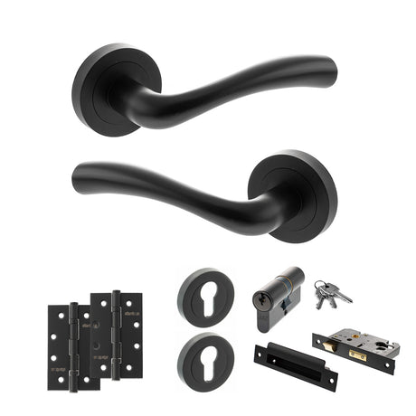 Quality image of STATUS Texas Door Handle Pack (Euro Lock Set - 3" CE Sashlock, 4" Slim Knuckle Hinges x2) - Matt Black | Sku. adps35rmb25 | available from Trade Door Handles.